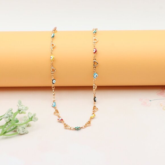 Rose Gold Plated Heart & Multicolor Evil Eye Necklace, XPNL0276 - Picture 1 of 12